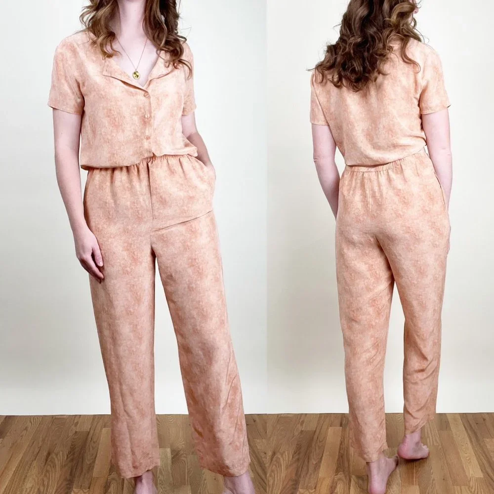 Vintage 100% Silk Matching Set Pants Short Sleeve Button Up Shirt Light Coastal - Picture 2 of 5